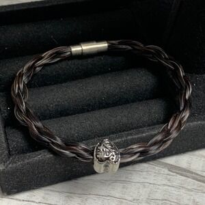 Braided Horsehair Bracelet Dark Brown Silver Heart Charm Magnetic Clasp 6.25"